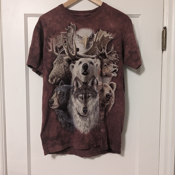 🤎 The Mountain Northern Wildlife Collage Brown Tie Dye T-Shirt, S - Picture 2 of 10